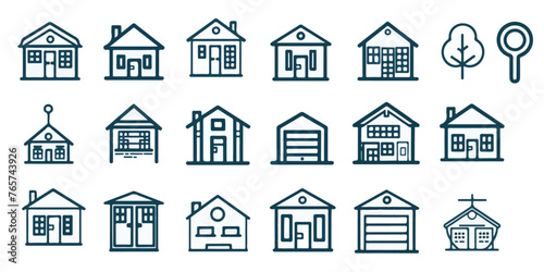 This set includes various blue line icons of houses, trees, and real estate elements, perfect for property-related websites and marketing materials. 