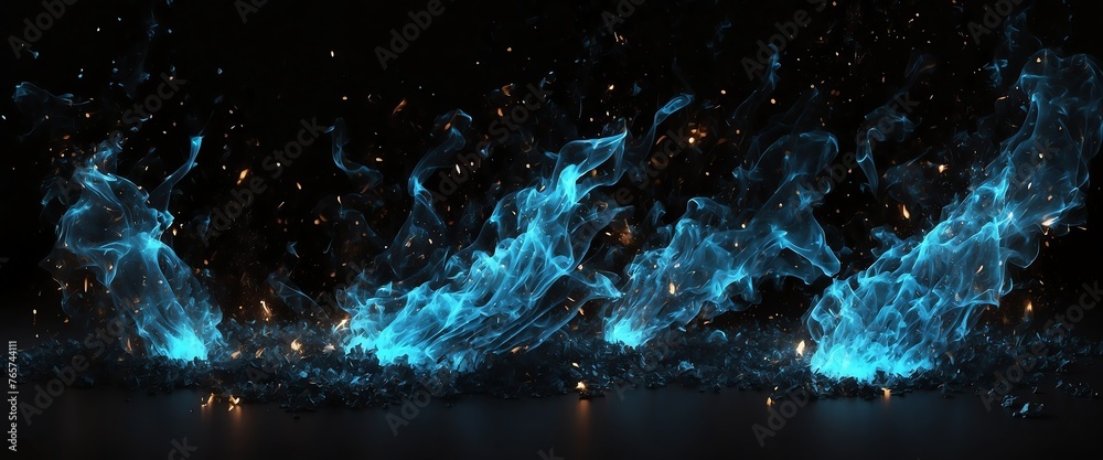 Abstract blue fire particles with embers and sparkson plain black background from Generative AI - obrazy, fototapety, plakaty 
