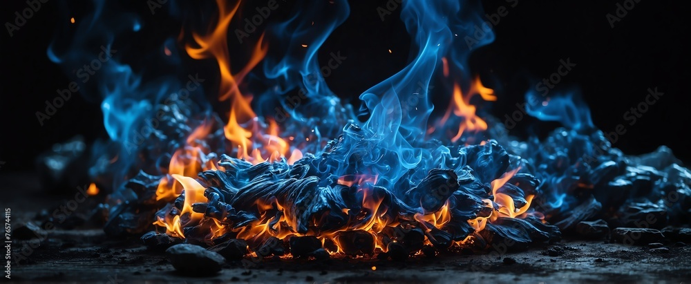 Abstract blue flame with embers and sparkson plain black background from Generative AI