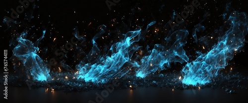 Abstract blue fire particles with embers and sparkson plain black background from Generative AI