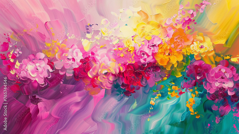 Vibrant abstract art inspired by a spring garden in full bloom in pinks, yellows, and greens. ,
