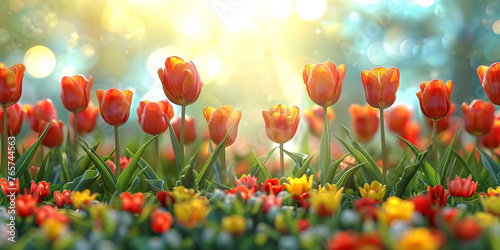 beautiful blooming tulips in field, Spring background with red tulips in the meadow on a sunny day. Spring concept banner 