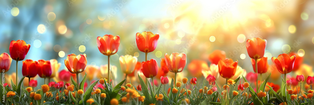 beautiful blooming tulips in field, Spring background with red tulips in the meadow on a sunny day. Spring concept banner  - obrazy, fototapety, plakaty 