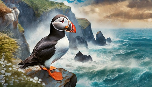 Puffin standing on a sea cliff with waves crashing below and a cloudy sky overhead. The puffin's distinctive black and white plumage and colorful beak contrast with the rugged, Ai Generated