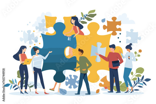 Collaborative problem-solving: Business team connects jigsaw pieces, working together to overcome challenges and achieve shared success through cooperation and teamwork.