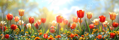 beautiful blooming tulips in field, Spring background with red tulips in the meadow on a sunny day. Spring concept banner  #765744995