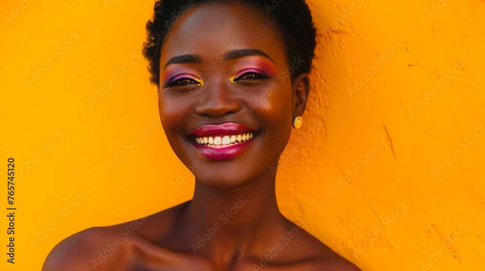 Sunny Radiance: African Woman with Striking Makeup and Lively Smile Against Yellow Background Sunny Radiance: African Woman with Striking Makeup and Lively Smile Against Yellow Background