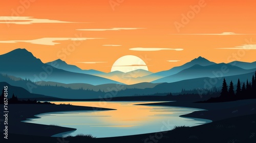 beautiful view of sunset over lake wallpaper. A landscape of Sunset over lake. landscape with a lake and mountains in the background. landscape of mountain lake and forest with sunset in evening.