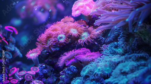 Vibrant abstract representation of a coral reef in blues, purples, and pinks. ,