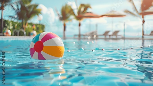 Colorful inflatable ball floating in swimming pool, summer vacation concept.