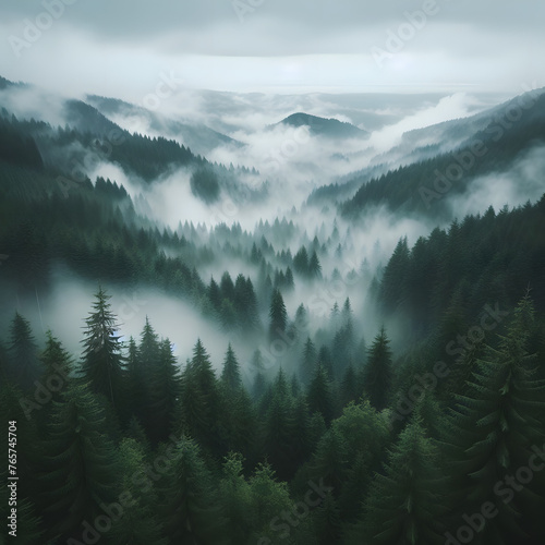 evergreen forest view from overhead, fog rolling in, looks like the pacific northwest   © AyeBeeKayyy