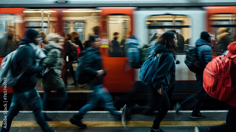 Obraz premium Rush Hour Race: Commuters in Motion, Sprinting Towards the Closing Doors of a City Train, Capturing the Essence of Urban Life’s Fast Pace