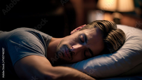 A man sleeping peacefully in a comfortable bed, highlighting the importance of adequate sleep for both mental and physical health