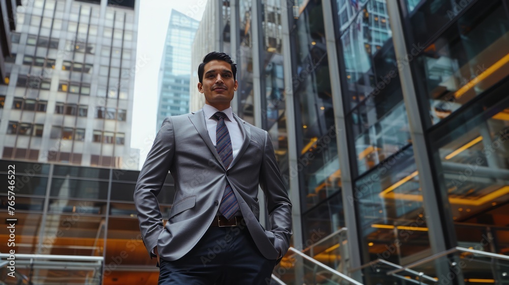 Fototapeta premium Illustrate financial success and prosperity with an image of a confident businessperson standing against a backdrop of a bustling financial district