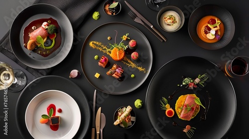 Highlight the artistry of gourmet cuisine with a beautifully plated meal set against an elegant backdrop, showcasing fresh ingredients and intricate culinary techniques. 