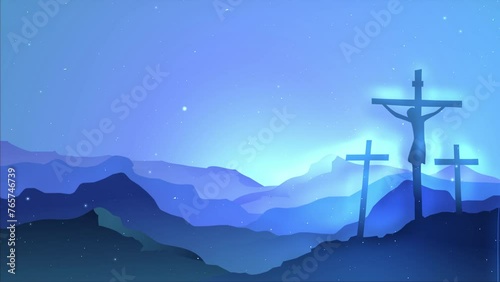 Good friday holy animation. Jesus Christ Crucified On The Cross and the blue sky with twinkling shooting stars. Video animation in 4k quality