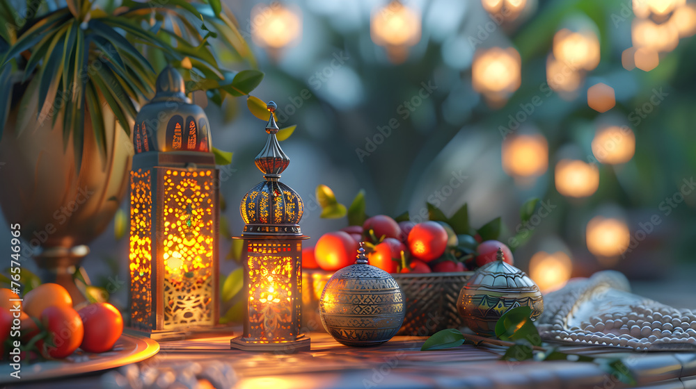 Lantern and Fruit In Front of Mosque, Ramadan Kareem, Islamic Celebration, Muslim's Festival, Eid ul Fitr, Eid al Adha, Generative Ai - obrazy, fototapety, plakaty 