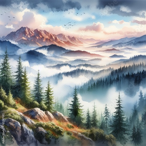 Misty watercolor landscape