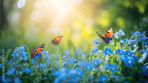 Beautiful spring background with blue forgetmenot flowers and butterflies in the sunlight.