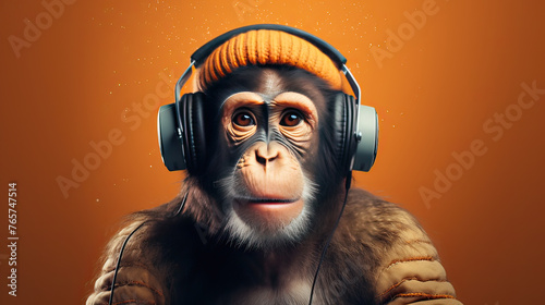 A cheeky monkey wearing colorful DJ headphones, music set, set against a vibrant background Ai Generative