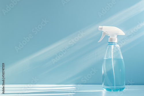 Banner with transparent spray bottle with a white trigger on a blue background with dramatic lighting, perfect for product mockups, cleaning supply branding, or hygiene marketing. High quality © Infusorian