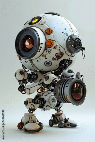 A 3D robot as a photographer, with a camera lens for an eye, capturing moments with a playful click and flash
