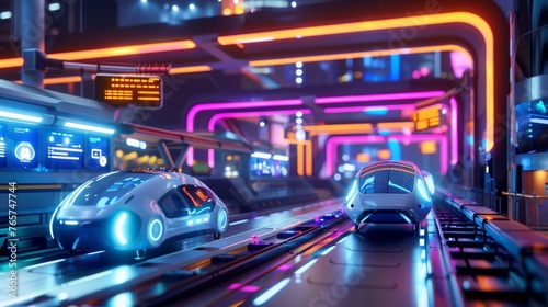 A 3D scene of a future neon transportation hub, with autonomous vehicles and illuminated info panels