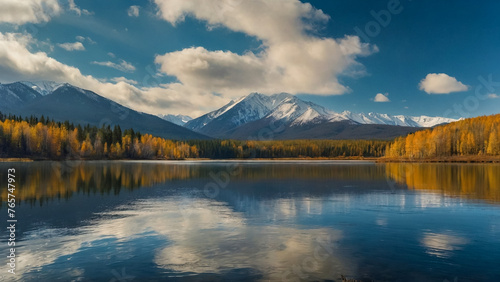Lake Cicely Altai, Siberia, cloudy autumn day. Taiga, beautiful sky, haze, mountains with snow peaks, panorama.. photo