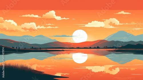 beautiful view of sunset over lake wallpaper. A landscape of Sunset over lake. landscape with a lake and mountains in the background. landscape of mountain lake and forest with sunset in evening.
