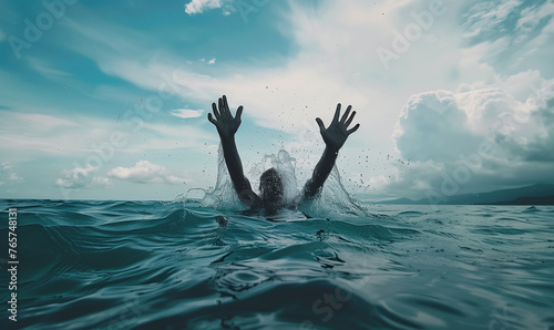 a person was drowning in the air with only his hands seemingly asking for help  photo