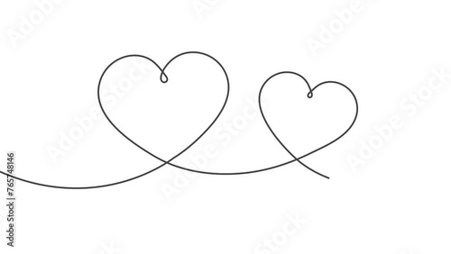 Two love hearts. Valentine's Day. One line drawing. 