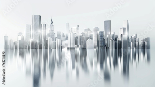 3D model of a silver and chrome metropolis with many skyscrapers. The reflection of the nearest building can be seen on the surface of the building.
