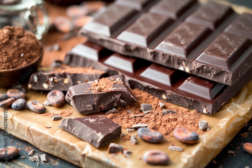 Artisan Dark Chocolate Bar Chunks and Cocoa Beans on Rustic Wooden Background for Gourmet Confectionery Concept Artisan Dark Chocolate Bar Chunks and Cocoa Beans on Rustic Wooden Background for Gourmet Confectionery Concept