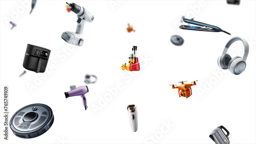 Technological appliances falling from top to bottom. Sales of e-commerce and shopping products.