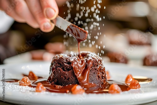 Decadent Chocolate Lava Cake on White Plate with Powdered Sugar and Garnish Being Drizzled with Rich Melted Chocolate Indulgent Dessert Close Up