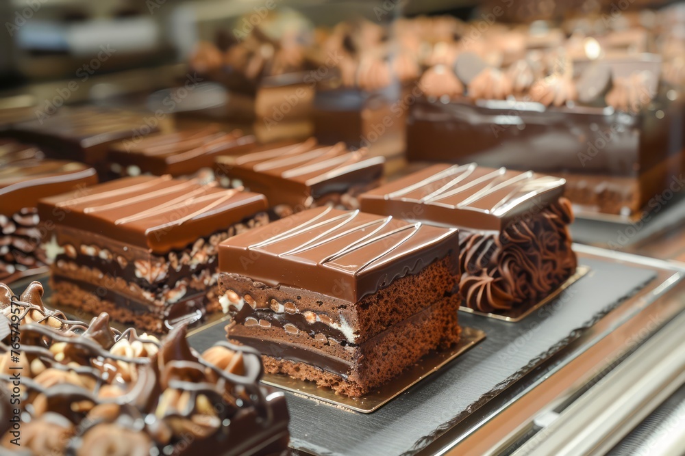 Exquisite Assorted Chocolate Cakes Displayed in Bakery Case with Elegant Garnishing Exquisite Assorted Chocolate Cakes Displayed in Bakery Case with Elegant Garnishing