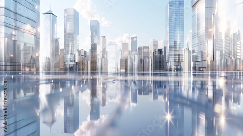 3D model of a silver and chrome metropolis with many skyscrapers. The reflection of the nearest building can be seen on the surface of the building.