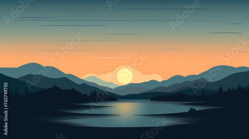 beautiful view of sunset over lake wallpaper. A landscape of Sunset over lake. landscape with a lake and mountains in the background. landscape of mountain lake and forest with sunset in evening.