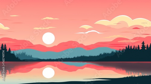 A landscape of Sunset over lake. landscape with a lake and mountains in the background. landscape of mountain lake and forest with sunset in evening. beautiful view of sunset over lake. © jokerhitam289