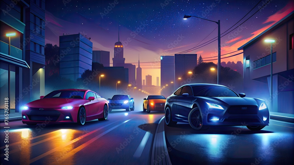 illustration of sports car driving racing at city street at night