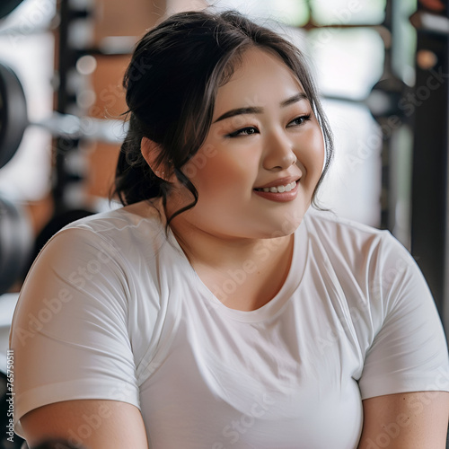 A positive smiling young Asian woman in a white sports T-shirt against the background of a sports gym. The concept of body positivity. The concept of fighting excess weight.
