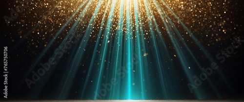 Burst of teal rays of light abstract on dark golden sparkling backdrop with copy space from Generative AI