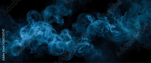 Circular blue glowing light shaped smoke fog effect plain black backdrop with copy space from Generative AI