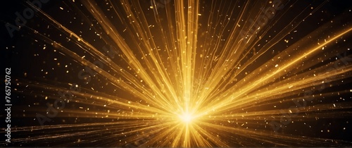 Burst of yellow rays of light abstract on dark golden sparkling backdrop with copy space from Generative AI