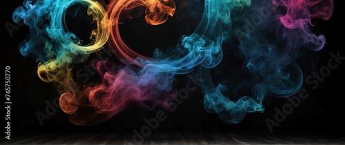 Circular colorful glowing light shaped smoke fog effect plain black backdrop with copy space from Generative AI