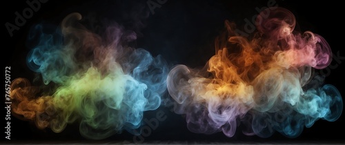 Circular colorful glowing light shaped smoke fog effect plain black backdrop with copy space from Generative AI