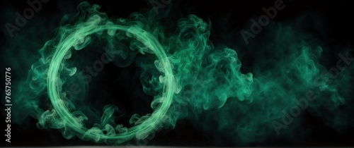 Circular green glowing light shaped smoke fog effect plain black backdrop with copy space from Generative AI
