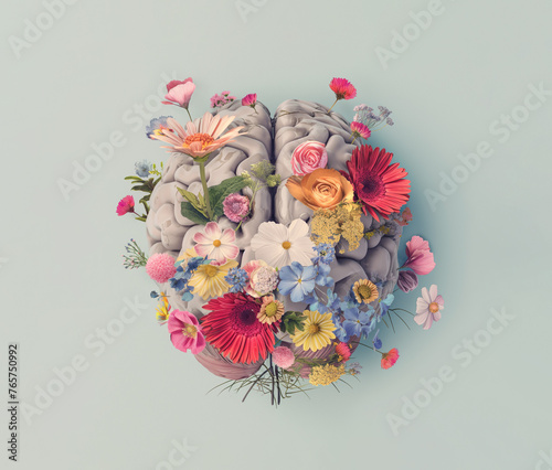 human brain with spring flowers, mental health concept, top view