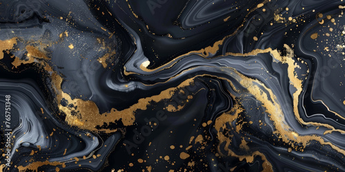 Black marble ink painted with gold veins. Natural pattern. luxury wallpaper. black Acrylic Fluid Art swirls gold painted lines abstract background texture, poster, mural, banner