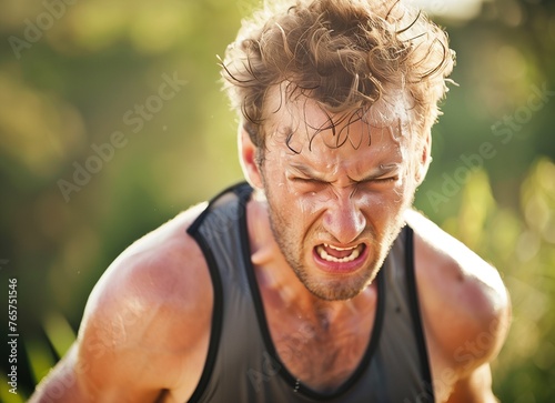 Young athletic man taking a break during a challenging jogging outdoor